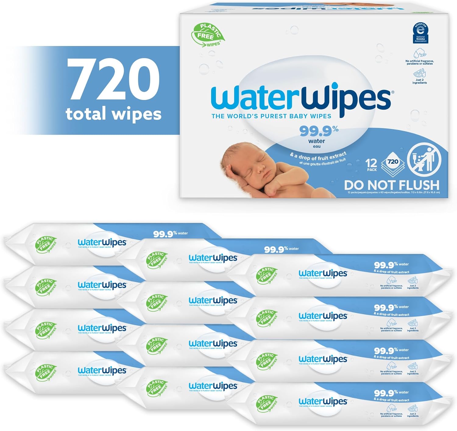 WaterWipes Plastic-Free Original Baby Wipes, 99.9% Water Based Wipes, Unscented & Hypoallergenic for Sensitive Skin, 60 Count (Pack of 12), Packaging May Vary - Image 2