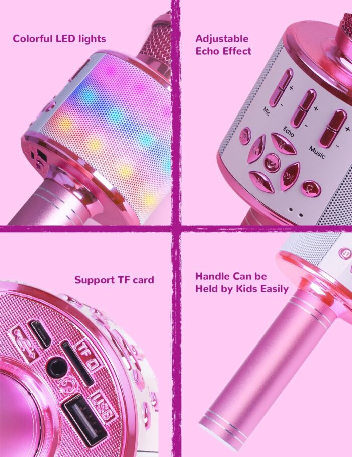 Amazmic Toys for Girls, Kids Karaoke Microphone Toddler Microphone for Kids with Lights, Birthday Gift for Girls, Boys Toy Age 3 4 5 6 7 8+(Light Pink) - Image 4