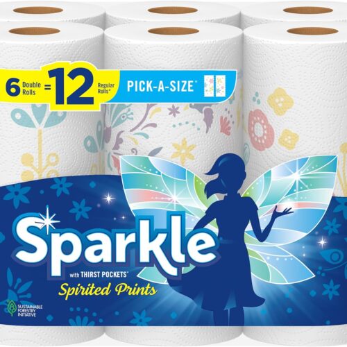 Sparkle Pick-A-Size Paper Towels, Spirited Prints, 6 Double Rolls = 12 Regular Rolls, Strong and Absorbent Paper Towel