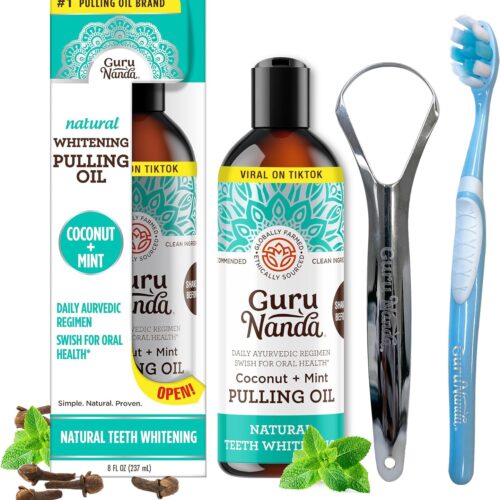 GuruNanda Coconut Oil Pulling with 7 Essential Oils and Vitamin D3, E, K2 (Mickey D), Helps with Fresh Breath, Teeth & Gum Health & More (1x8 fl oz)