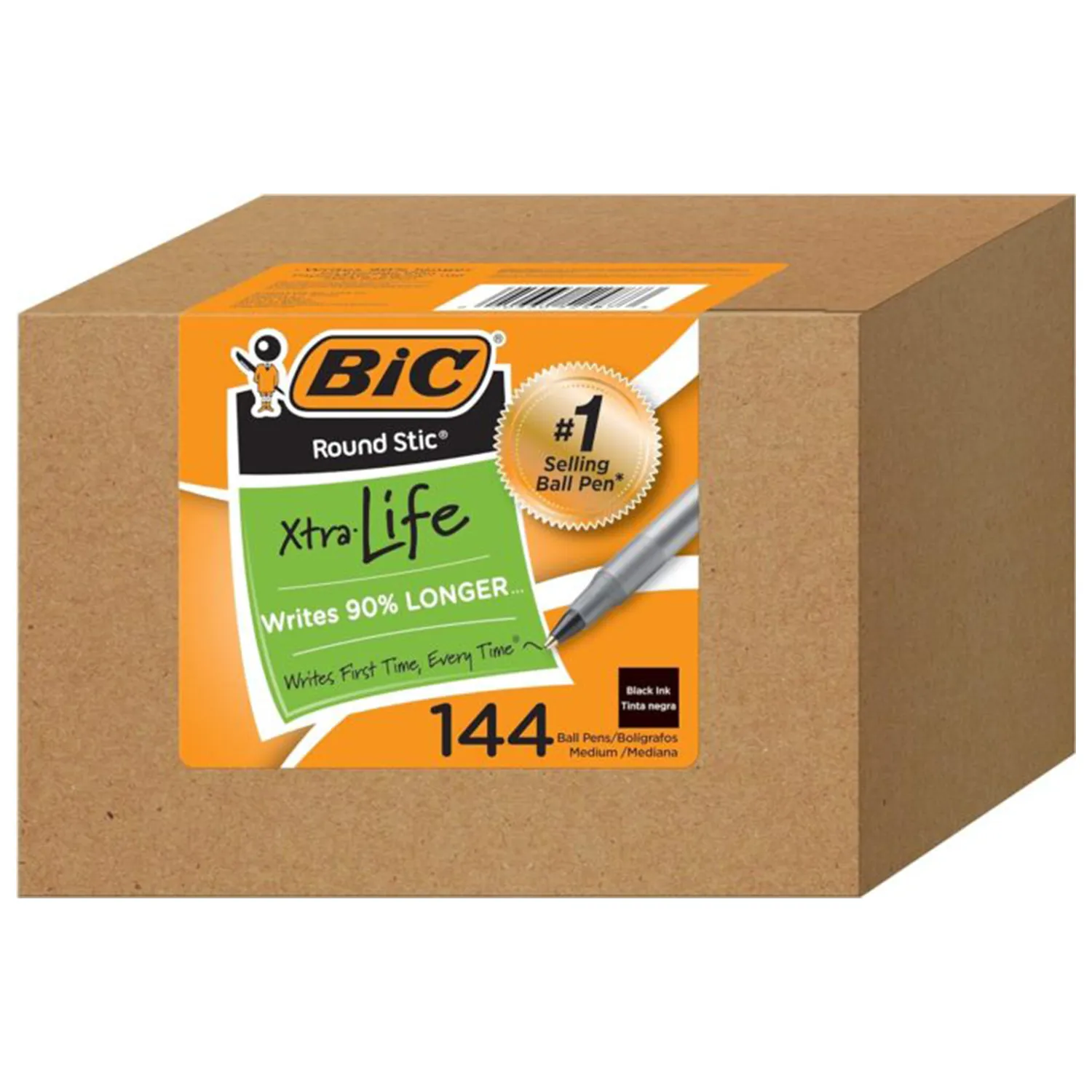 BIC Round Stic Xtra Life Ballpoint Ink Pens, Medium Point (1.0mm), Black Pens, Flexible Round Barrel For Writing Comfort, 144-Count