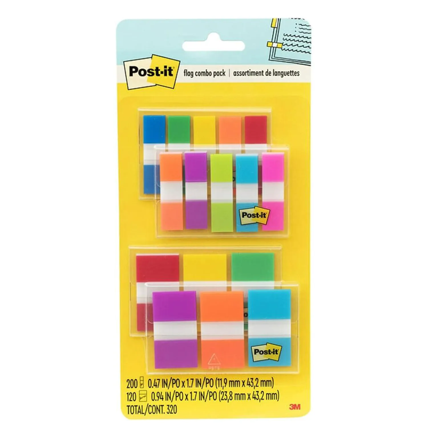 Post-it Flags Combo Pack, 4 On-The-Go Dispensers/Pack, 120 .94 in Wide and 200 .47 in Wide Flags, Assorted Colors (683-XL1)